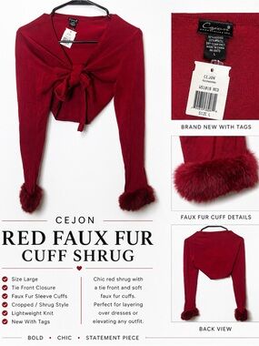Cejon Deep Red Faux Fur Cuff Cropped Shrug